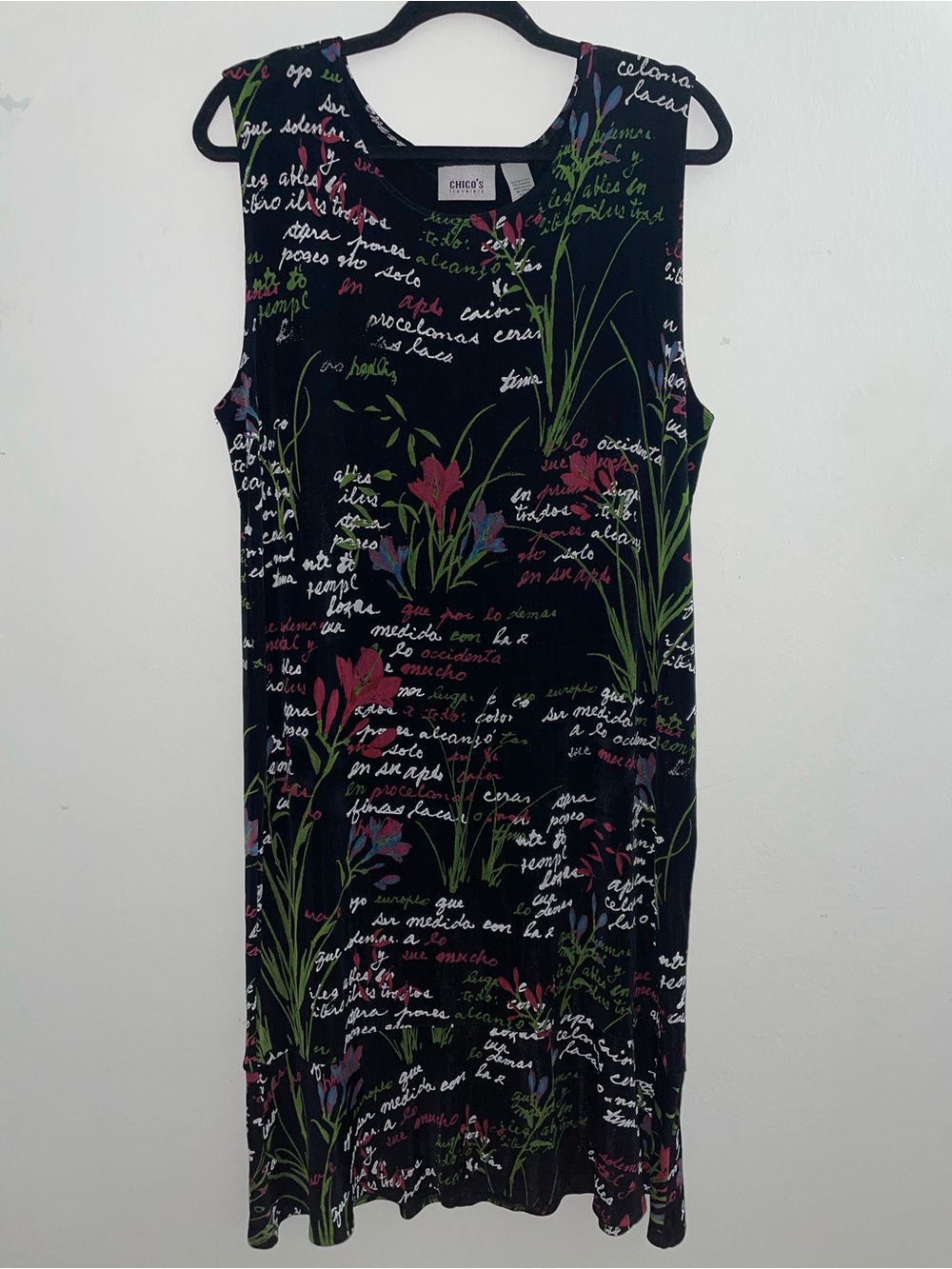 Chico's Black Floral Script Stretchy  Sleeveless Shift Dress Women’s Size 16/3